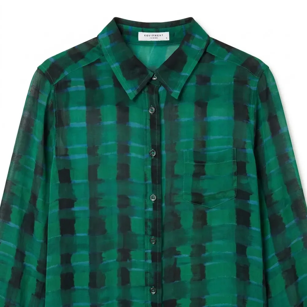 100% Silk Equipment Femme Sheer Green Blue Black Plaid  Blouse | Size S - Picture 4 of 9